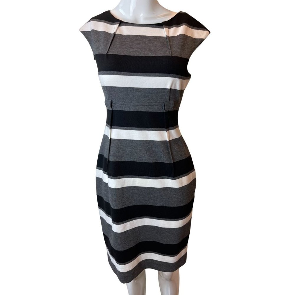 Calvin Klein Womens Striped Sheath Dress Knitted Back Zip Gray Black Size 4